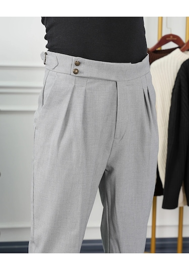 Modefendi Yüksek Bel Pileli Petek Örme Pamuklu Slimfit Pantolon Gri