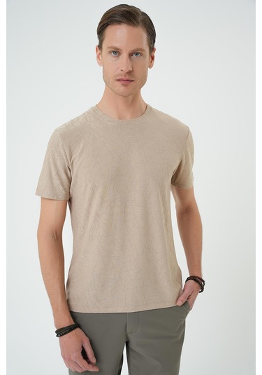 Comfort Fit Bisiklet Yaka Kabartma Desenli Casual Bej Tişört Ts 899 Bej