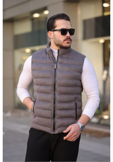 Erkek Gri Nubuk Süet Şişme Yelek