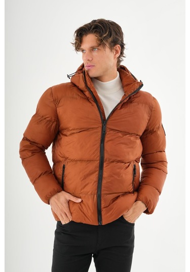 Erkek Kapüşonlu Fermuarlı Cepli Kışlık Şişme Kısa Mont KİREMİT