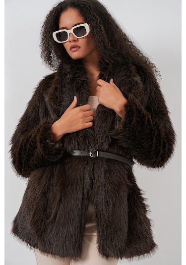 Kadın Kemerli Oversize Kürklü Kaban 9156 - Kahverengi Kahverengi