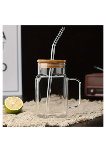Borosilikat Cam Kupa 650 Ml Bambu Kapaklı Ve Cam Pipetli Isıya Dayanıklı Bardak Şeffaf