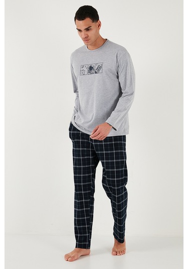 Buratti Ekoseli Pamuklu Regular Fit Yüksek Bel Bisiklet Yaka Erkek Pijama Takımı 6574000 Gri