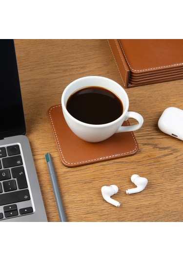 Bardak Altlığı,6 Lı Set,masaüstü Kare Cup Coaster,vegan Suni Deri,11x11 Cm.,taba
