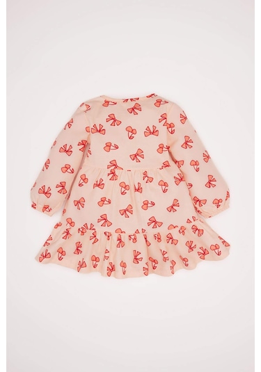 DeFacto Kız Bebek Fiyonk Desenli Uzun Kollu Twill Elbise D9564A525SPPN212 Pembe