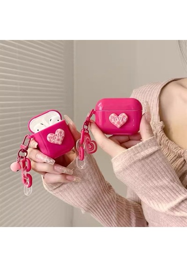 Apple Airpods 3. Nesil İle Uyumlu Kılıf Kalp Leopar Taş Kiraz Desenli Fiyok Tutmalı Kılıflar Pembe Koyu