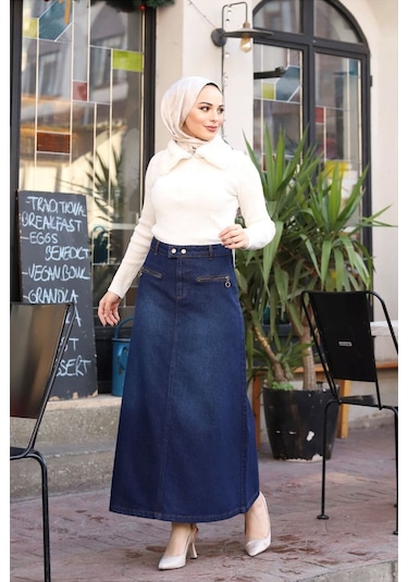 Beli Çıt Çıtlı Fermuar Cep Detaylı Kot Etek - 001