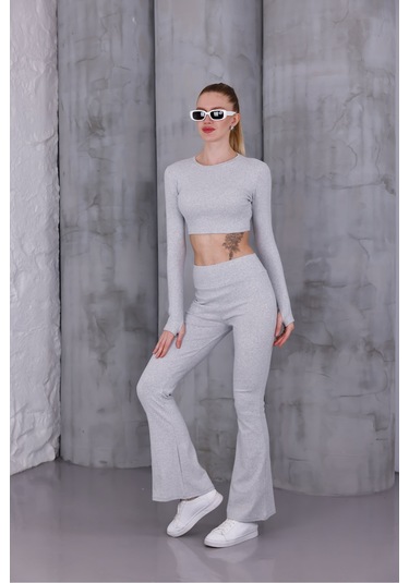 Kadın İspanyol Paça Pantolon Uzun Kollu Parmak Geçirmeli Crop Takım Gri