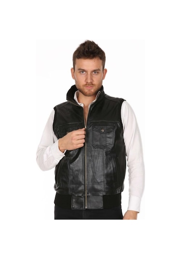 Hakiki Deri Siyah Jack Beli Lastikli Erkek Deri Yelek Siyah