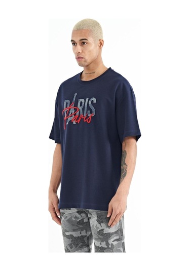 Tommy Lıfe Indigo Yazı Nakışlı O Yaka Oversize Erkek T-shirt - 88223 T11er-88223 001
