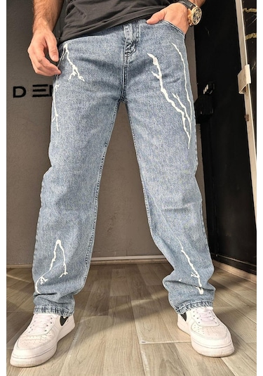 Erkek Şimşek Desenli Baggy Pantolon Buz Mavi