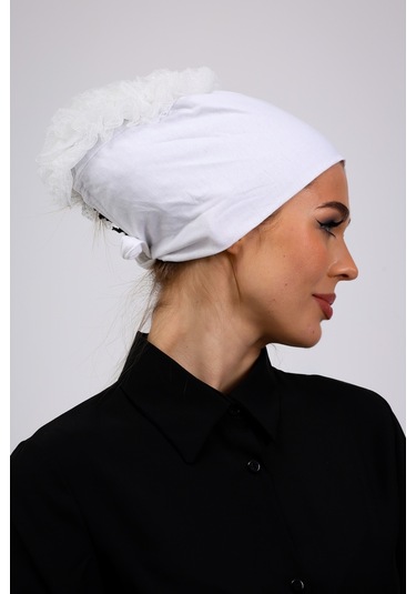 Kaymayan Fırfırlı Silikonlu Dikişsiz Bone Ekru - Kaymaz Kadın Tesettür Bağlamalı İç Bone Ekru