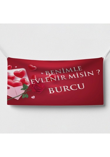 Kalp Ve Gül Temalı Benimle Evlenir Misin Afişi 200x100 Cm