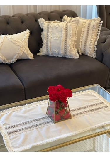 Dnc Home Tekstil Ndchome Püsküllü Ara Dantelli Runner 40 X 80 Tekli Krem