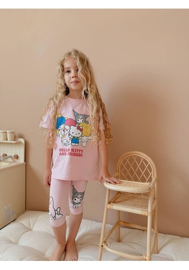 Kız Çocuk Kısa Taytlı Hello Kitty Kuromi Basklı Pamuk Takım Pembe