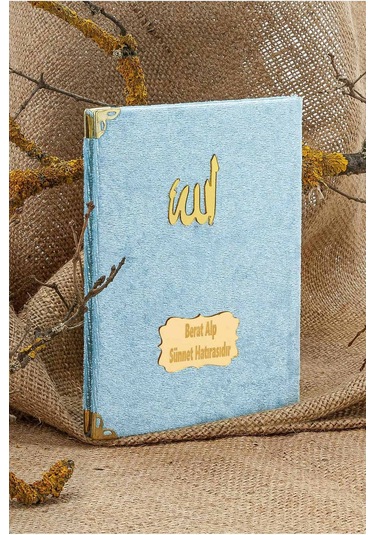 25 Adet - İsme Özel Kadife Kaplı Yasin Kitabı - Mevlüt Hediyesi - Çanta Boy - 128 Sayfa - Açıkmavi Açık Mavi