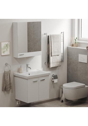 Aqua Bagno Basic Alt Dolap + Üst Dolap -lavabo Dahil-beyaz ,60 Cm. 3 Parça Beyaz