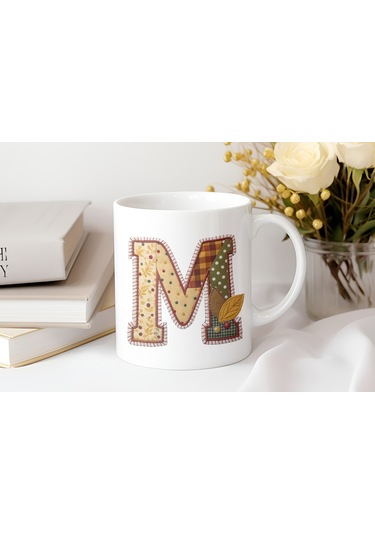 M Harfi Sonbahar Kış Temalı Yamalı Tasarım Kupa Bardak - Etnik Ve Pathwork Severlere Özel Hediye Beyaz