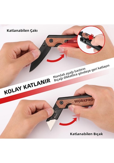Workpro Wp211015 2-ın-1 Ahşap Saplı Profesyonel Cep Çakısı & Katlanır Rötuş Maket Bıçağı + 11 Adet Yedek Bıçak
