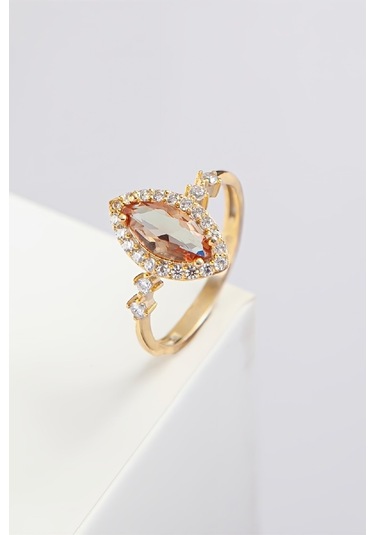 Mekik Zultanit Taşlı Zirkon Süslemeli 925 Ayar Gümüş Altın Renk Bayan Yüzük -7973