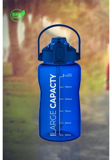 Sağlıklı Polikarbon 1.5 Litre Büyük Kapasiteli Su Matarası Pipetli Suluk Mavi Mavi