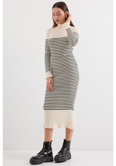 Bigdart 15893 Çizgili Uzun Triko Elbise - Ekru 001