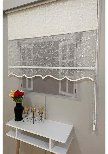 İncilifehome İcl4003 Çift Mekanizmalı Dal Desenli Tül Ve Stor Perde Kırık Beyaz Kırık Beyaz