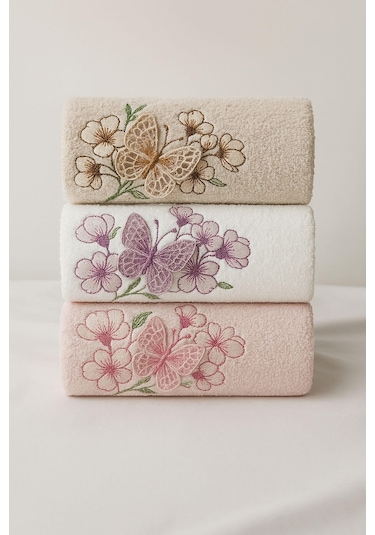 3'lü Lüks %100 Pamuklu Mutfak Havlusu Seti 3d Kelebek Aplikeli 30x50 Cm Çok Renkli