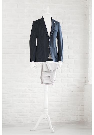 Slimfit Torba Cep Çizgili Mono Yaka Astarsız Çift Yırtmaç Likralı Kışlık Erkek Tek Ceket Lacivert