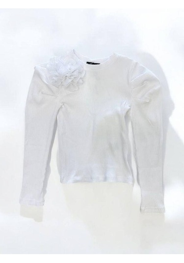 Kız Çocuk Kol Detaylı Çiçekli Fitilli Bluz-14802 Beyaz