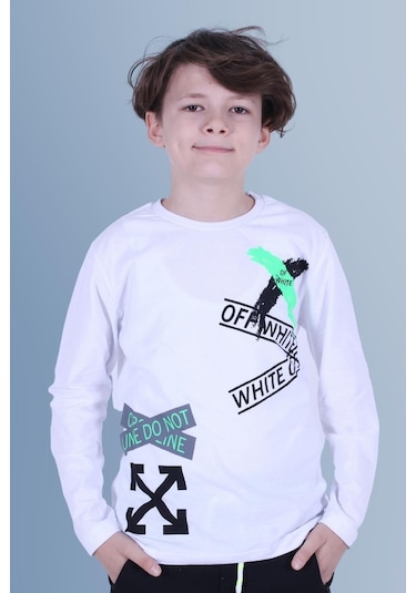 X Baskılı Uzun Kollu Erkek Çocuk Beyaz Sweatshirt Beyaz