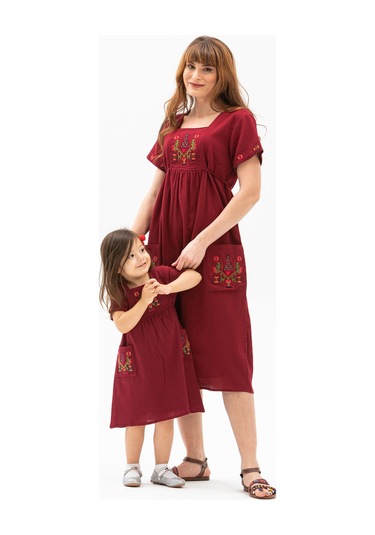 Kısa Kol Şile Bezi Melek Midi Boy Elbise Bordo Brd