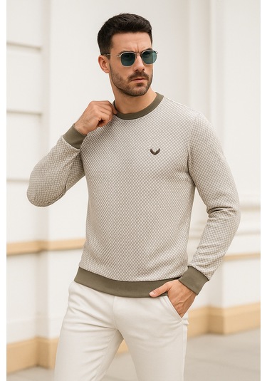 Rich Erkek Bej Kare Desenli Bisiklet Yaka Sweatshirt Bej