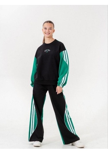 Kız Çocuk 2 İplik Şeritli Tasarım Eşofman Takım-14226 Siyah