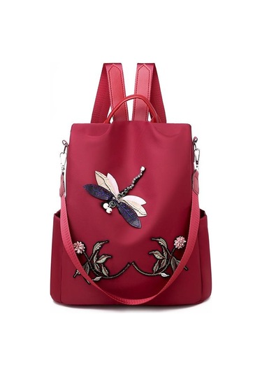 Kırmızı Yogodlns Nakış Dragonfly Su Geçirmez Sırt Çantası Kadın Oxford Omuz Çantası Rahat Seyahat Sırt Çantası Sırt Çantası Kırmızı
