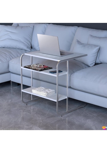 Modilayn C Yan Sehpa Geniş Boy Tekerlekli Çalışma, Atıştırmalık, Yemek, Laptop Sehpası Beyaz Çizgili Beyaz