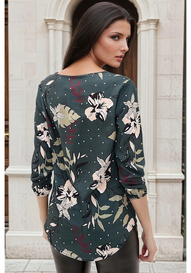 Petrol Yeşili, Floral Desenli, Lastikli Uzun Kol, Bluz Petrol