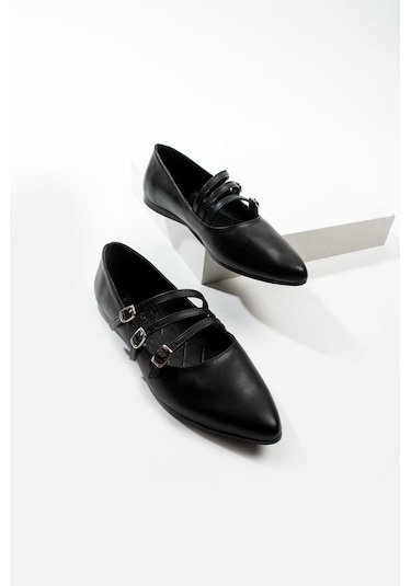 Günlük Kadın Babet Ayarlanabilir Tokalı Sivri Burunlu Sade Rahat Şık Hafif Ayakkabı S-420 Siyah