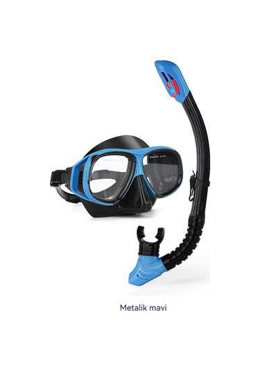 Profesyonel Şnorkel İki Parçalı Silikon Tam Kuru Şnorkel Büyük Çerçeve Sis Geçirmez Dalış Gözlüğü Seti Mavi
