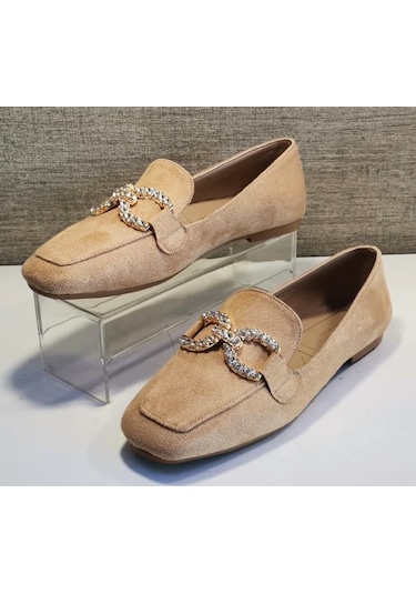 Aycan 1616 Kadın Süet Taşlı Babet Ayakkabı Süet Kum Bej