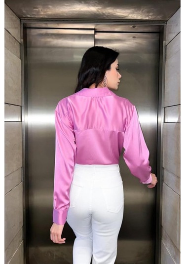Pembe Saten Gömlek Karışık Çok Renkli