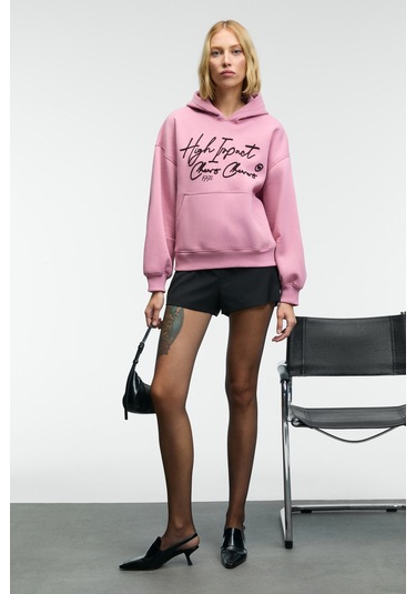 Grımelange Kıkres Kadın Kapüşonlu Nakış Detaylı Oversize Koyu Pembe Sweatshirt Koyu Pembe