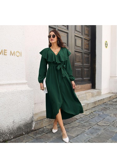 Gmxıa Kadın Moda Yaz Bahar Düz Renk Baskı Uzun Kollu V Yaka Yüksek Bel Günlük Elbiseler Yeşil