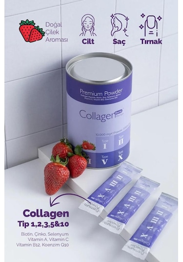 Collagen Forte Çilek Aromalı 1000 Mg Tip 1-2-3-5-10 Toz Kolajen 30 Şase