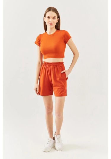 Kadın Kısa Kol Bisiklet Yaka Vücuda Oturan %100 Pamuklu Kaşkorse Esnek Crop Bluz Kiremit