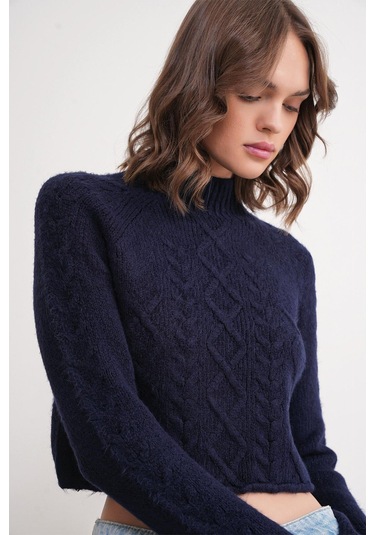 6855 Kadın Dik Yaka Saç Örgülü Triko Kazak Lacivert Lacivert