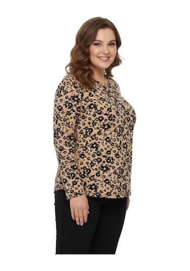 Linsolita Kadın V Yaka Baskılı 2 Düğmeli Bluz Bgl-st05093 CAMEL
