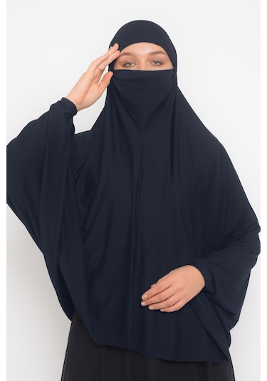 Altobeh Kollu Sufle Çarşaf Üstü Peçeli Pratik Tesettür Hijab - Nikaplı Namaz Örtüsü - Lacivert