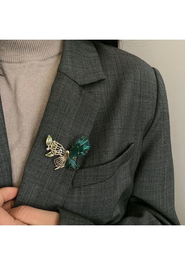 Blucome Narin Delikli Kelebek Bakır Broş El Dokuma Moda Hırka Kadın Erkek Ceket Başörtüsü Pimleri Yeşil