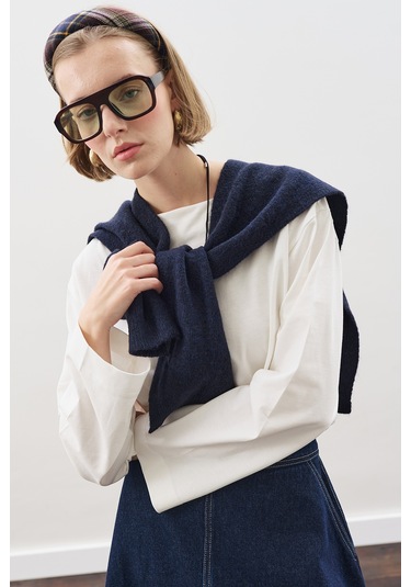 Kare Yaka Bağlamalı Triko Atkı Lacivert Lacivert